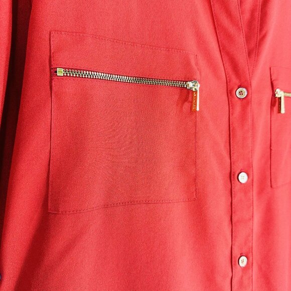 Calvin Klein Red Orange Modern Essential Notch Neck Button Down Long Sleeve Shir - Picture 6 of 12